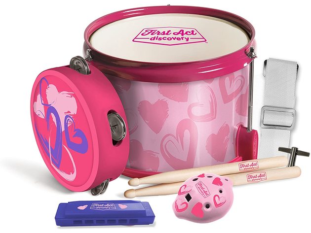 First Act Discovery Music Show, Includes Drum with Carry Strap, Tambourine, Harmonica and Ocarina, Pink Hearts