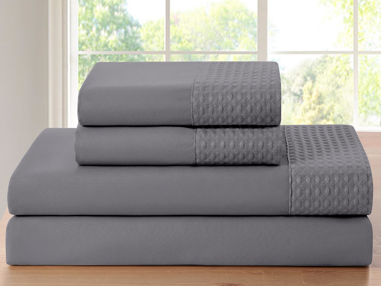 4-Piece Bamboo Blend Waffle Hem Sheet Set (Gray/Full)