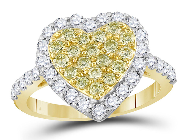 1.00 Carat (ctw I2-I3) Yellow Diamond Cluster Heart Ring in 14K Yellow Gold - 7