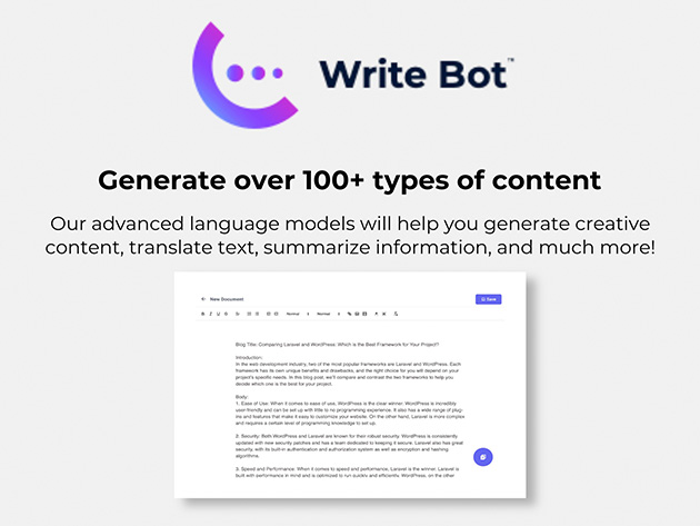WriteBot™ Harness the Power of AI Content Creation: Lifetime Pro Subscription
