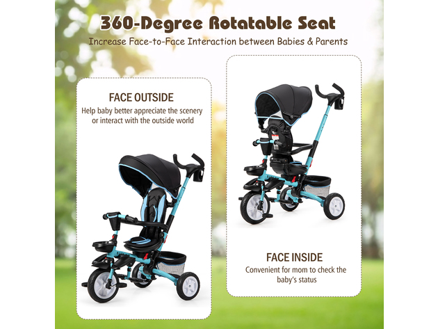 Costway 6-In-1 Kids Baby Stroller Tricycle Detachable Learning Toy Bike w/ Canopy Pink\Blue\Gray - Blue
