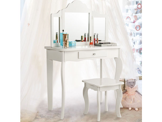 Costway Vanity Table Set Makeup Dressing Table Stool Mirror - White