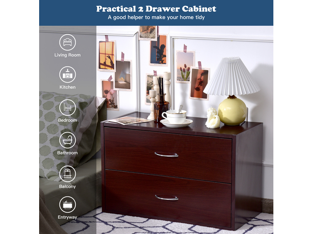 Costway 2 PCS 2-Drawer Dresser Horiztonal Organizer Wood End Table Nightstand - Brown/ White
