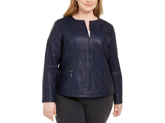Alfani Women's Plus Size Faux Leather Zipper Jacket  Blue Size 2 Extra Large