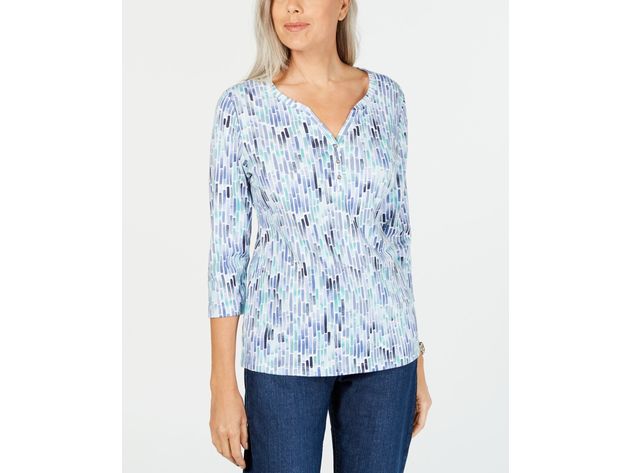Karen Scott Women's Petite Watercolor-Print Henley Top Blue Size Small