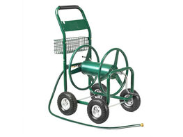 Garden Rolling Cart Heavy Duty With Steel Water Hose Holder With Basket - Green