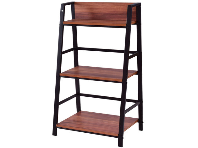 Costway 3 Tier Ladder Storage Book Shelf Wall Bookcase Bundle Modern Floor Decor - Walnut
