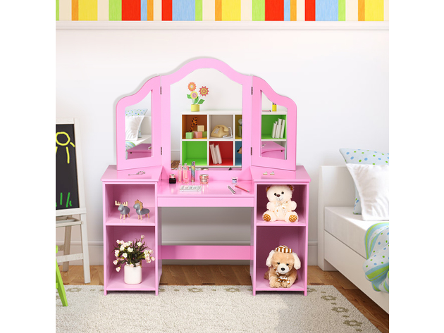 Costway Vanity Table Set Makeup Dressing Kids Girls Study Table Tri Folding Mirror  WhitePink - Pink