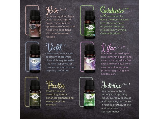 Premium Grade Floral Fragrance Oil Set - Rose, Violet, Jasmine, Freesia, Lilac, Gardenia - Set of 6 Floral Fragrance Oils 10ml