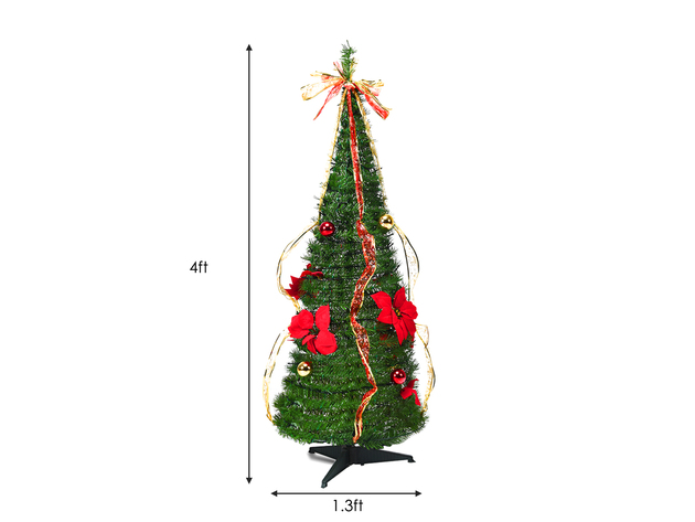 COSTWAY 4ft Pre-Lit Christmas Tree Fully Pull Up Tree Flat-to-Fabulous Light - as the picture shows
