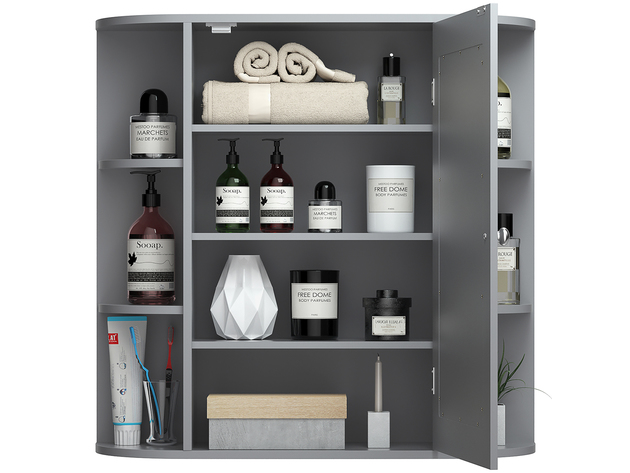 Costway Wall Mounted Medicine Cabinet w/Mirrored Door and 6 Open Shelves- Gray