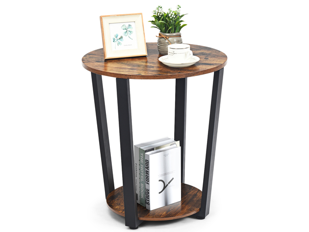 Costway Industrial End Table Metal Frame w/ Storage Shelf - Retro Brown + Black