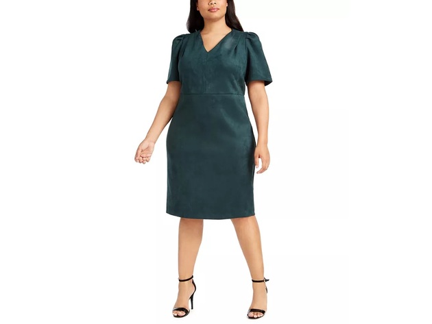 Calvin Klein Women's Plus Size Puff-Sleeve Faux-Suede Dress Green Size 20