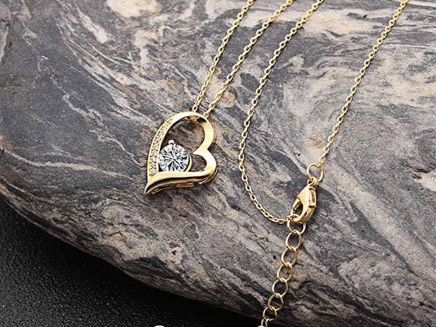 Curved Heart Pendant Necklace with White Swarovski Crystals (Gold)