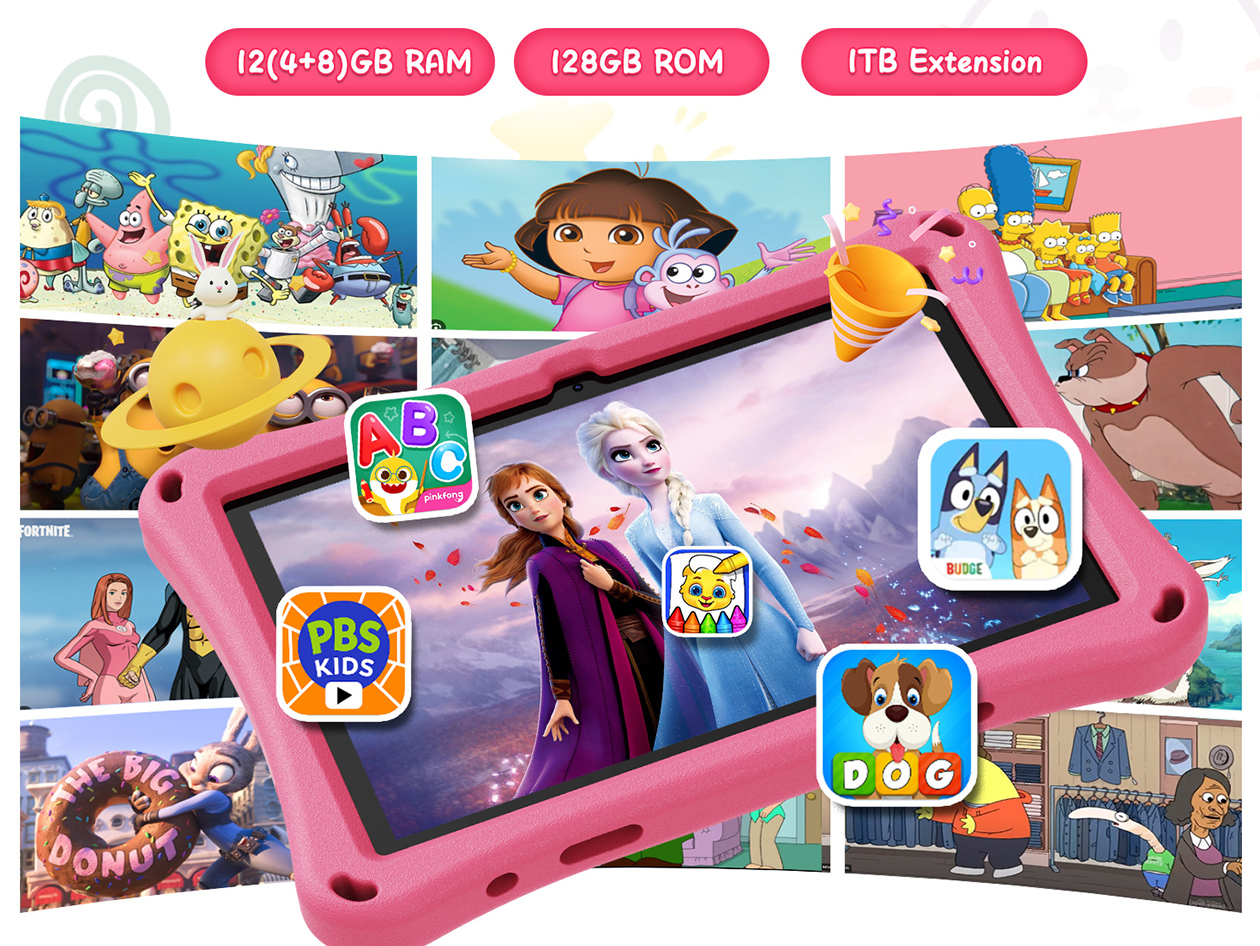 N02 PRO 10" Android 13 Tablet 12GB RAM 128GB Storage (Pink Case/Children's Edition)