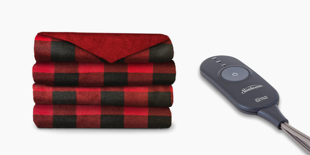 Sunbeam Microplush Comfy Toes Electric Heated Throw Blanket Foot Pocket TB16 Washable Auto Shut Off 3 Heat Settings - Buffalo Plaid Red