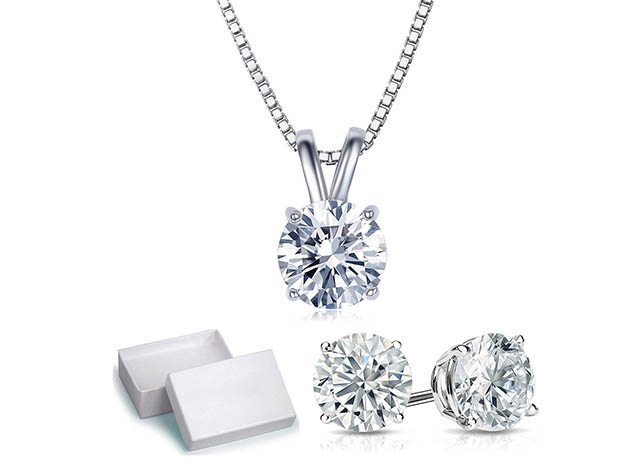 Necklace & Earring Set with White Princess Cut Swarovski Crystals (White Gold)
