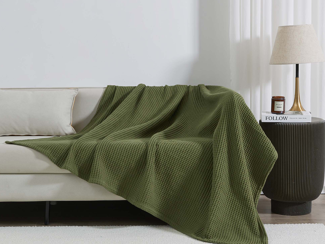 Vintage Cotton Waffle Blanket (King/Olive)