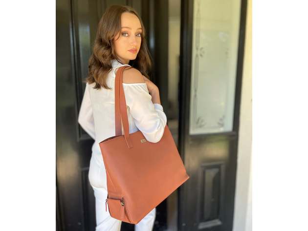 Brown Genuine Leather Tote with Insulated Lunch Bag Pocket / Wine Carrier. Wine Purses For Women Who Have Everything