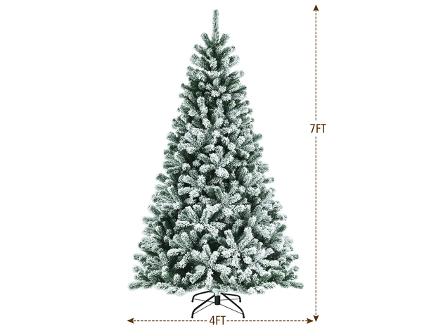 7 Foot Pre-lit Snow Flocked Hinged Christmas Tree w/1116 Tips & Metal Stand