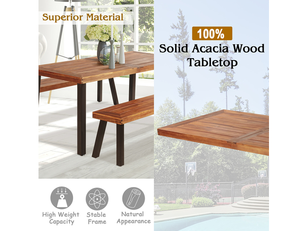 Costway 3 Piece Picnic Table Set Acacia Wood Table Bench with Steel Legs Outdoor Patio Red Brown + Dark Brown