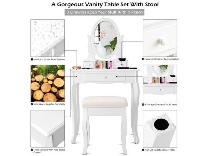 Costway Vanity Table Jewelry Makeup Desk Bench Dresser Stool White