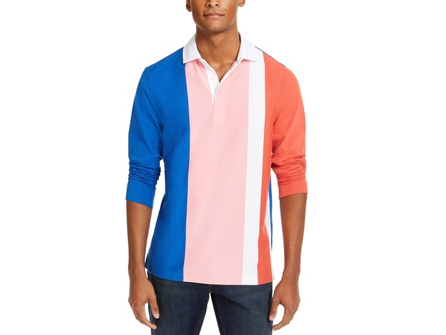 Club Room Men's Vertical Stripe Long Sleeve Rugby Shirt Pink Size Medium