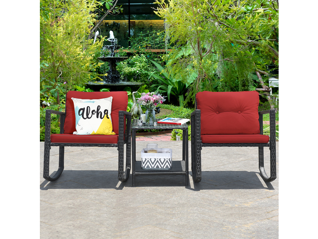 Costway 3 Piece Patio Rattan Furniture Set Rocking Chairs Cushioned Sofa - Burgundy