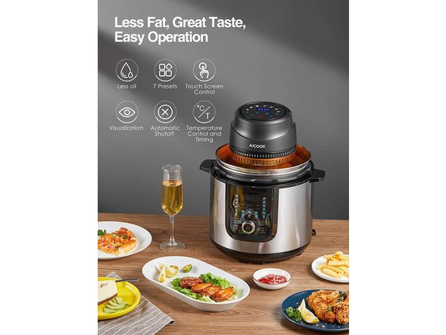 AICOOK 6.8qt Air Fryer Lid for Instant Pot, 1000W, 7 in 1 Air Fryer Lid with LED Touchscreen, Accessories & Cookbook Included