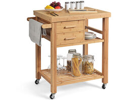 Costway Bamboo Kitchen Trolley Cart Wood Rolling Island w/ Tower Rack & Drawers 