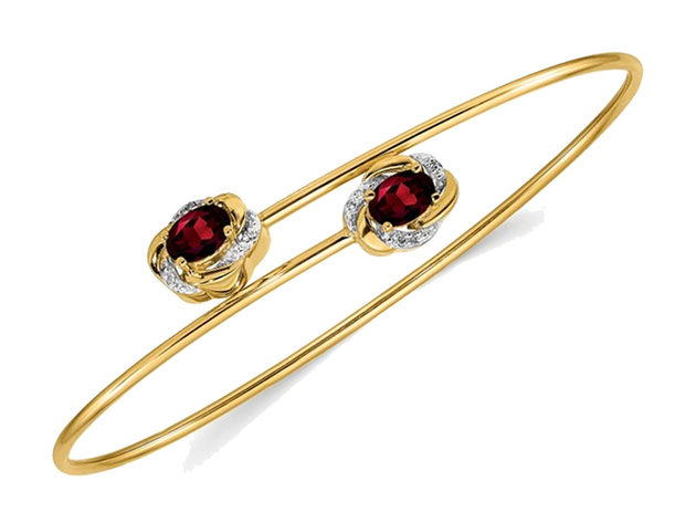 14K Yellow Gold Natural Garnet Bangle Bracelet with Diamond Accents