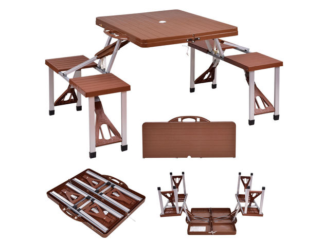 Costway Outdoor Foldable Portable Aluminum Plastic Picnic Table Camping w/ Bench 4 Seat - Brown