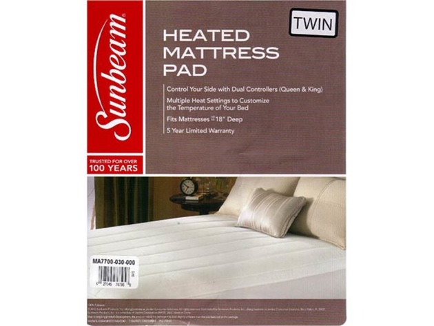 Sunbeam Quilted Striped Heated Electric Mattress Pad Twin Full Queen King C-King - White