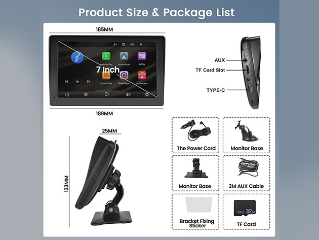 7" Wireless Car Display with Apple CarPlay/Android Auto Compatibility & Phone Mirroring