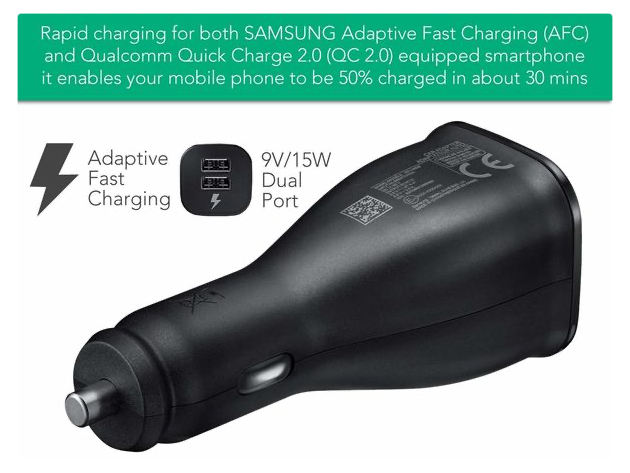 Cellvare Dual Port Fast Car charger for Samsung Galaxy S9, S8, S7, S6 & Note 8 With Type C and Micro USB Cable - Black