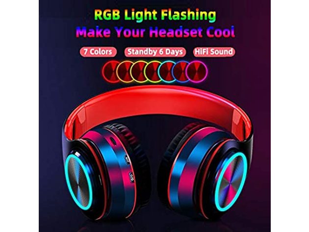 Wireless Headset Over Ear Headphones with Microphone Bluetooth 5.0 HiFi Stereo Sound Foldable Rechargeable LED Light