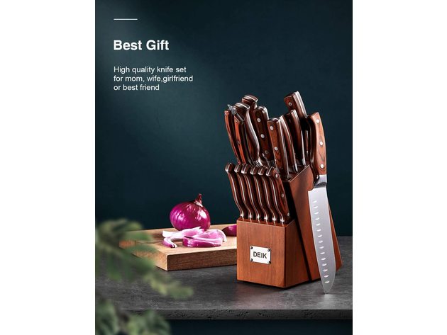 DEIK  Knife Set, High Carbon Stainless Steel Kitchen Knife Set 16PCS, Super Sharp Cutlery Knife with Carving Fork and Serrated Steak Knives, Wood Knife Block