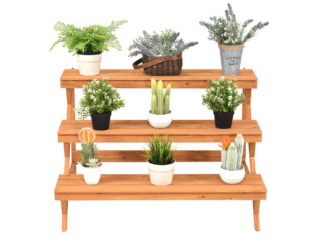 Costway 3 Tier Wood Plant Stand Flower Pot Holder Shelf Display Rack Stand Step Ladder - Yellow