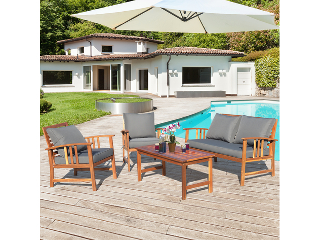 Costway 4 Piece Wooden Patio Furniture Set Table Sofa Chair Cushioned Garden Gray