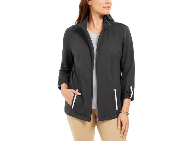 Karen Scott Women's Sport French Terry Ribbon-Trim Jacket Black Size Large