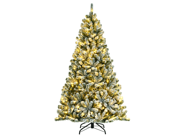 6 Foot Pre-lit Snow Flocked Hinged Christmas Tree w/ 928 Tips & Metal ...