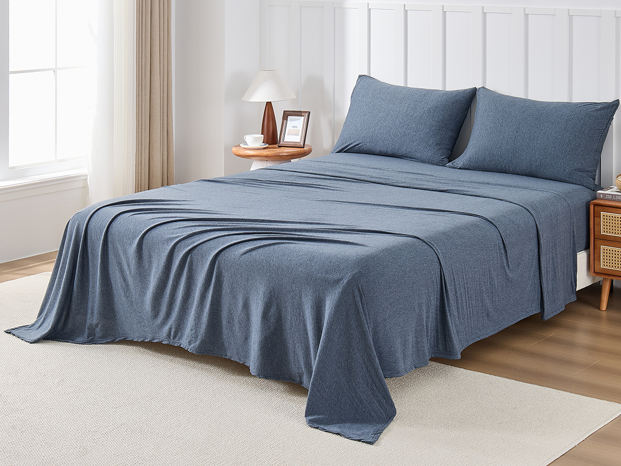 Kathy Ireland 4 Piece Heathered Jersey Knit Cotton Sheet Set (Queen/Denim)