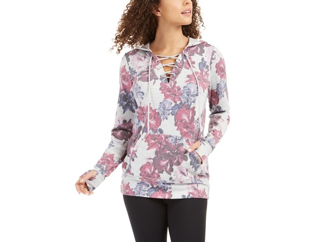 Ideology Women's Floral-Print Lace-Up Hoodie Gray Size Medium