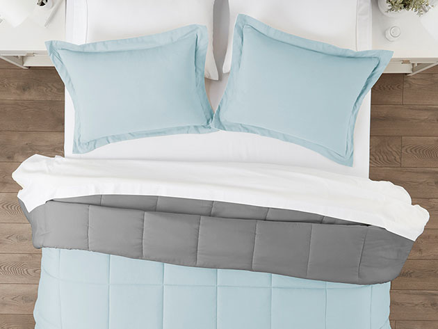 Down Alternative Reversible Comforter Set (Aqua & Light Gray)