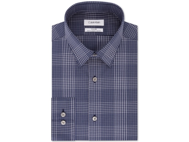 Calvin Klein Men's Steel Slim-Fit Stretch Performance Blue Check Dress Shirt Size 17.5x32-33