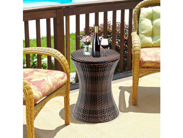 Costway Adjustable Outdoor Patio Rattan Ice Cooler Cool Bar Table Party Deck Pool - Brown
