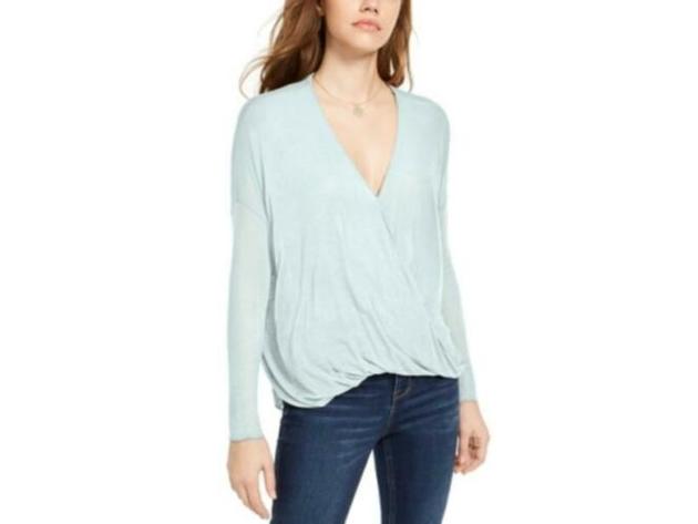 Polly & Esther Women's Juniors' Surplice-Neck Top Green Size X-Large
