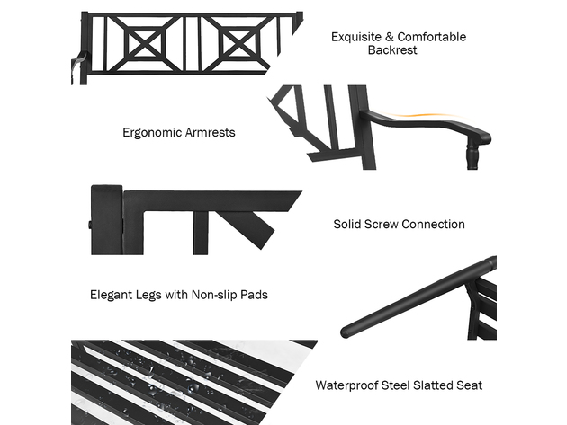 Costway Patio Garden Bench Steel Frame Park Yard Outdoor Furniture Porch Chair Black