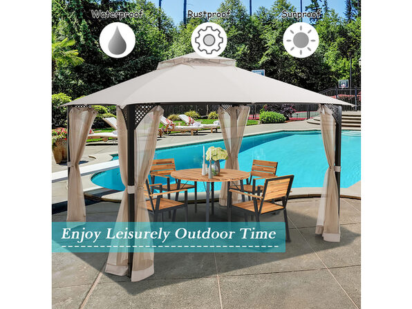 Costway 12 X 10 Outdoor Patio Gazebo Canopy Shelter Double Top Sidewalls Netting Beige Stacksocial Outdoor Patio Gazebo Canopy Shelter, Outdoor Patio Gazebo