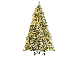 Costway 6ft Pre-lit Snow Flocked Hinged Christmas Tree w/ 928 Tips & Metal Stand - Green